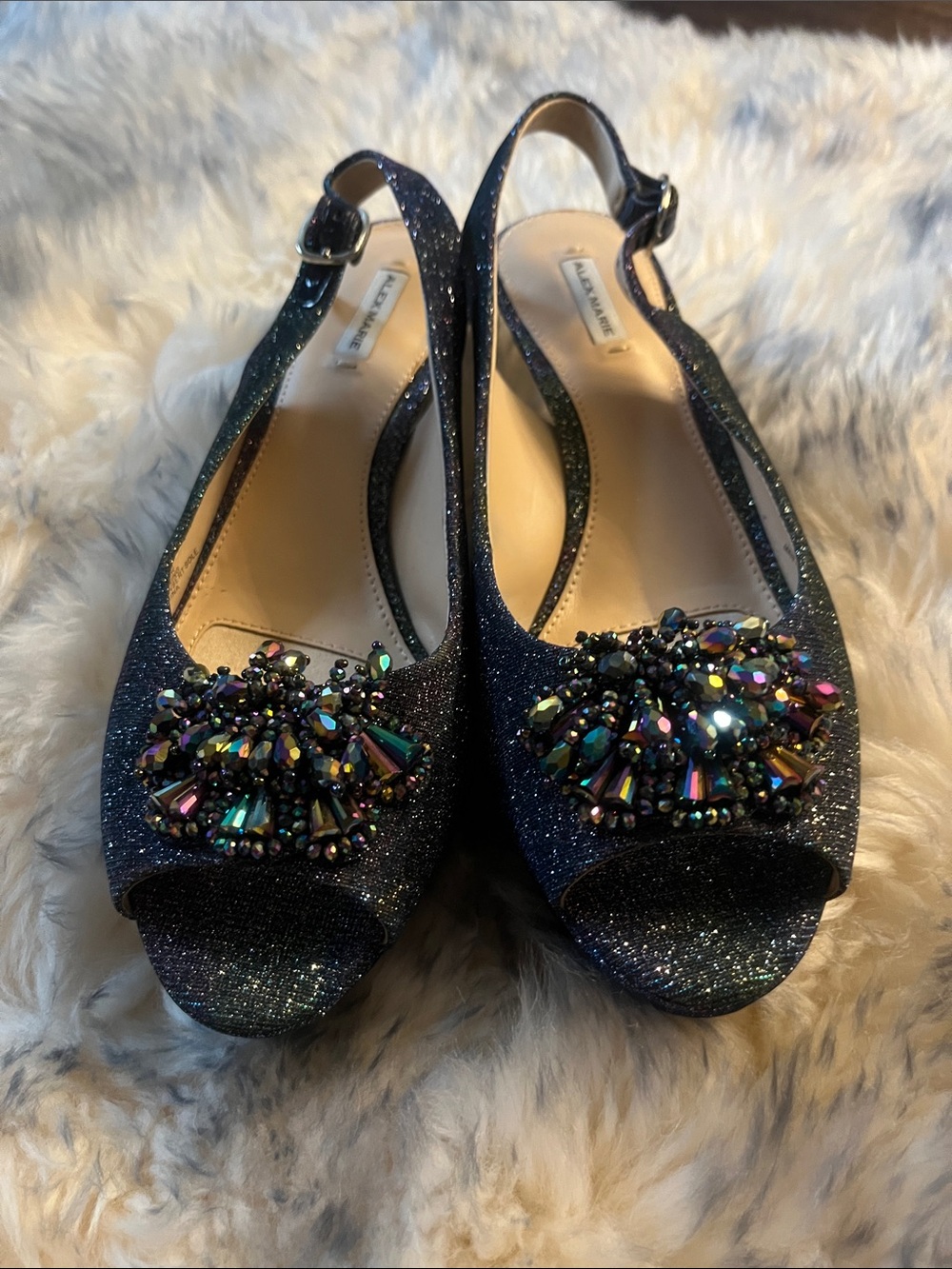 Alex Marie Navy Glitter Jeweled Peep-Toe Slingback Heels